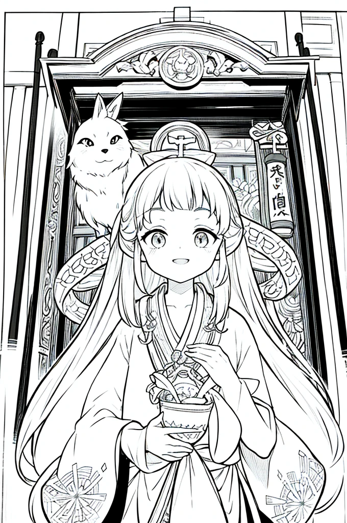 As a coloring book, the color should be black and white, the border should be simple, clear, and bold. A cheerful Asian girl with bright eyes and a mischievous smile is playfully posing in front of the iconic [Fushimi Inari-taisha Shrine] in Kyoto, Japan. She is dressed in a vibrant [kimono with fox pattern], the bold orange and white colors complementing the vermilion torii gates that line the path. The girl's hands are clasped in a playful gesture, and her hair is adorned with a traditional [kanzashi hair ornament].