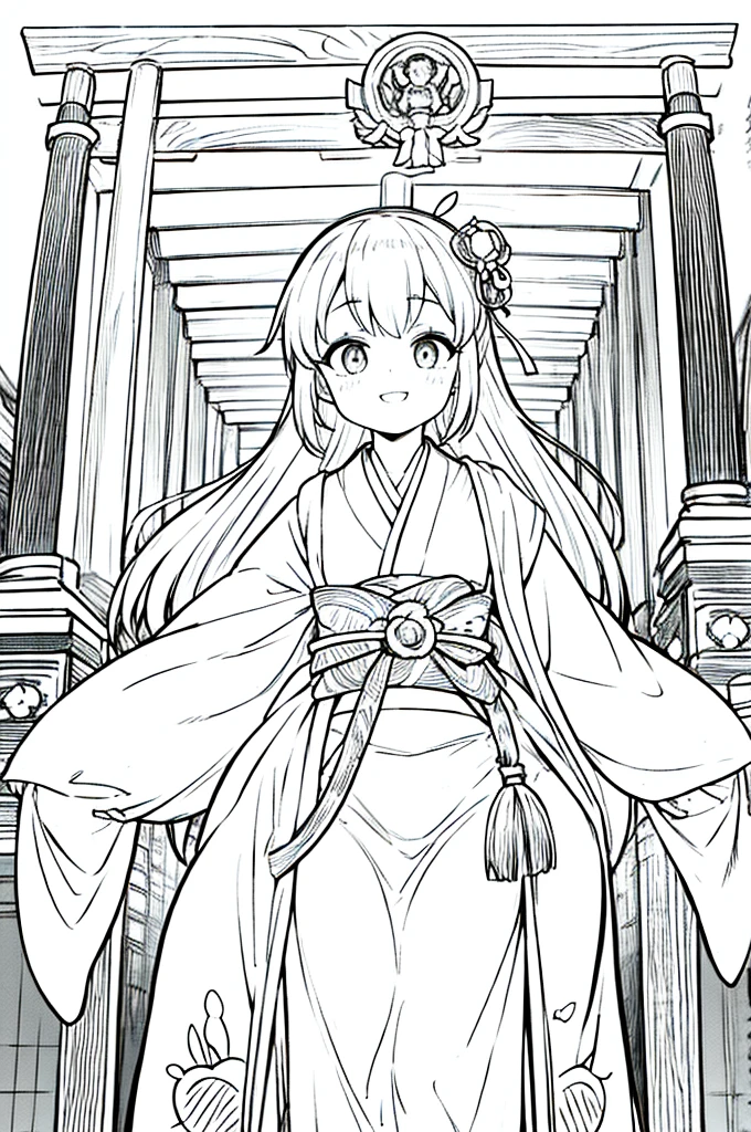 As a coloring book, the color should be black and white, the border should be simple, clear, and bold. A cheerful Asian girl with bright eyes and a mischievous smile is playfully posing in front of the iconic [Fushimi Inari-taisha Shrine] in Kyoto, Japan. She is dressed in a vibrant [kimono with fox pattern], the bold orange and white colors complementing the vermilion torii gates that line the path. The girl's hands are clasped in a playful gesture, and her hair is adorned with a traditional [kanzashi hair ornament].