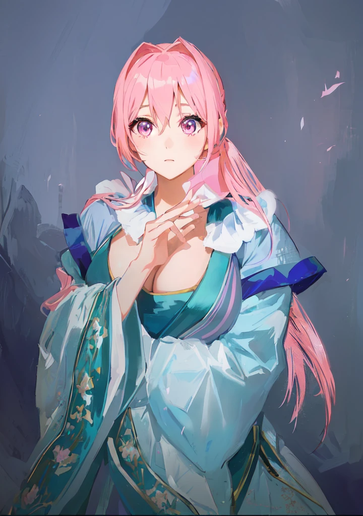 Pink Hair、Anime girl in blue dress poses for photo, Pink ponytail hair and pink eyes, Produced in collaboration with Anime Painter Studio, In the anime painter studio, Portrait of the Knights of the Zodiac, Sonison,超级Sonison,Celluloid