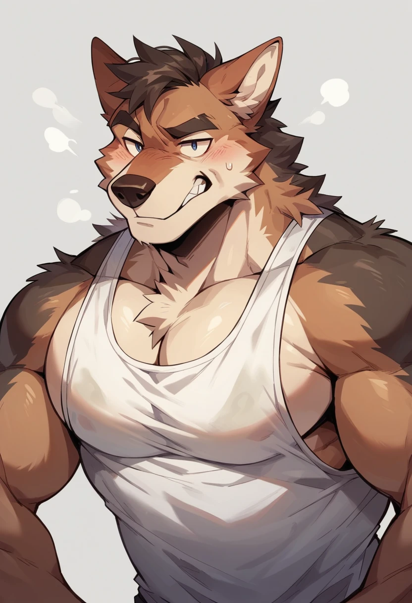 man with a dog face, dog, light brown fur, caramel, drooping ears, closed expression, soil, dark blonde, full body, wearing tank top, skin detailes, man with a dog mask on his head, brown fur, caramel, drooping ears, closed expression, a character portrait inspired by Caspar Wolf, trend in deviantart, furry art, furry chest, furry fursona, furry character, furry body, furry neck a, Antro (wolf), Male, (wolf), Brown body, White belly, Detailed golden eyes, Rainy, dark: 1.3, Arena: 1.6, Dim, (Fighting pose), White hand strap, Biceps, (Muscular), Sweat, , 8K HD, Dark shadows, Wide dynamic range, HDR, 低光:1.2, by Pino Daeni, (by Ruaidri), by Virtyalfobo