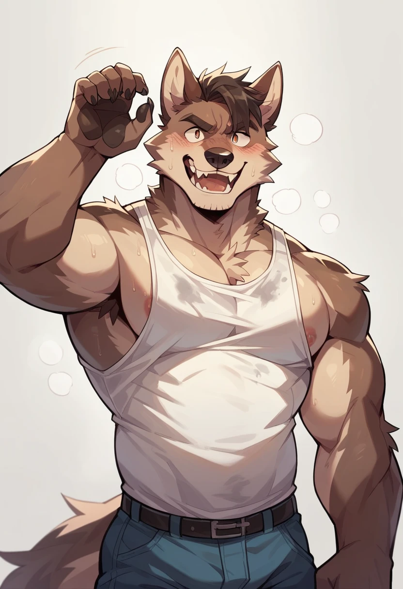 Fat, gassy, visibly stupid anthro wolf who’s a southern trucker wearing a stained, white tank top letting out a huge, disgusting belch in a thin anthro wolf’s face high resolution best quality. Make this character look like he’s very unintelligent