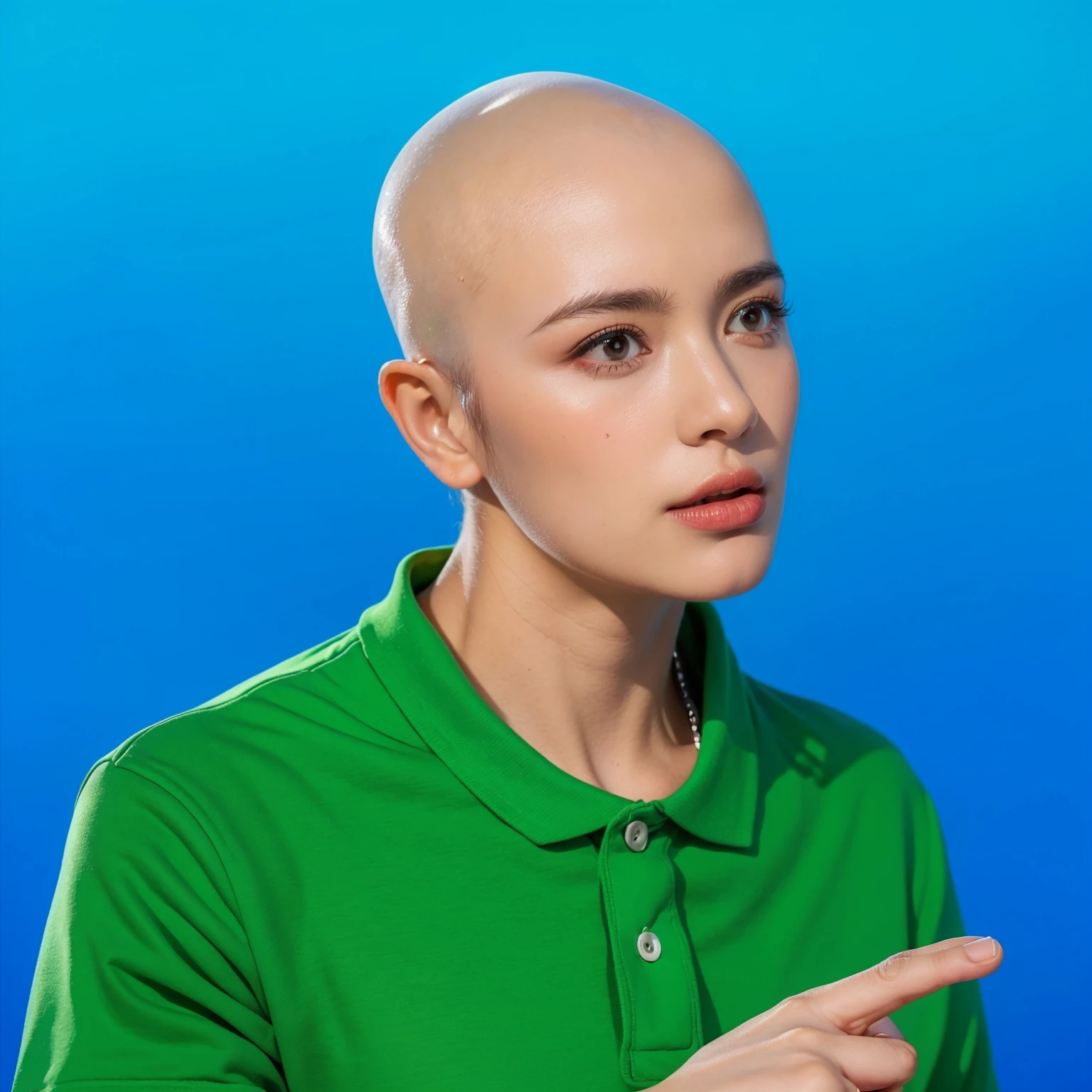 This image portrays a man with a stern expression, pointing to something off-camera, which suggests he is either explaining something important or issuing a command. He is bald and wears a vibrant green polo shirt, which contrasts sharply with the simple blue background, focusing attention on his gesture and facial expression. His intense gaze and firm posture add a sense of urgency or seriousness to his demeanor. This setup could be used in various contexts, from instructional content to a portrayal of authority or decision-making in a narrative. The overall composition of the image is both eye-catching and charming, effectively conveying a sense of joy and creativity.ffects render, (glossy plastic texture with multiple big light probe refractions), perfect cgi, smooth silhouette, high intensity refraction, (super glossy plastic material), most beautiful vfx, , realistic, 4k, high resolution, rim light, smooth 3d model, multiple light sources, rim light, sharp post effects render,, realistic, 4k, high resolution, rim light detailed digital art, reflective, best quality, 4k, masterpiece:1.2, ultra-detailed, realistic, vivid colors, The image of the highest quality, ensuring every detail showcased perfectly. It in 4k resolution, allowing viewers to immerse themselves in the richness of the colors and intricate details. The realistic rendering. under the spotlight, reflecting, high-resolution image, realistic rendering