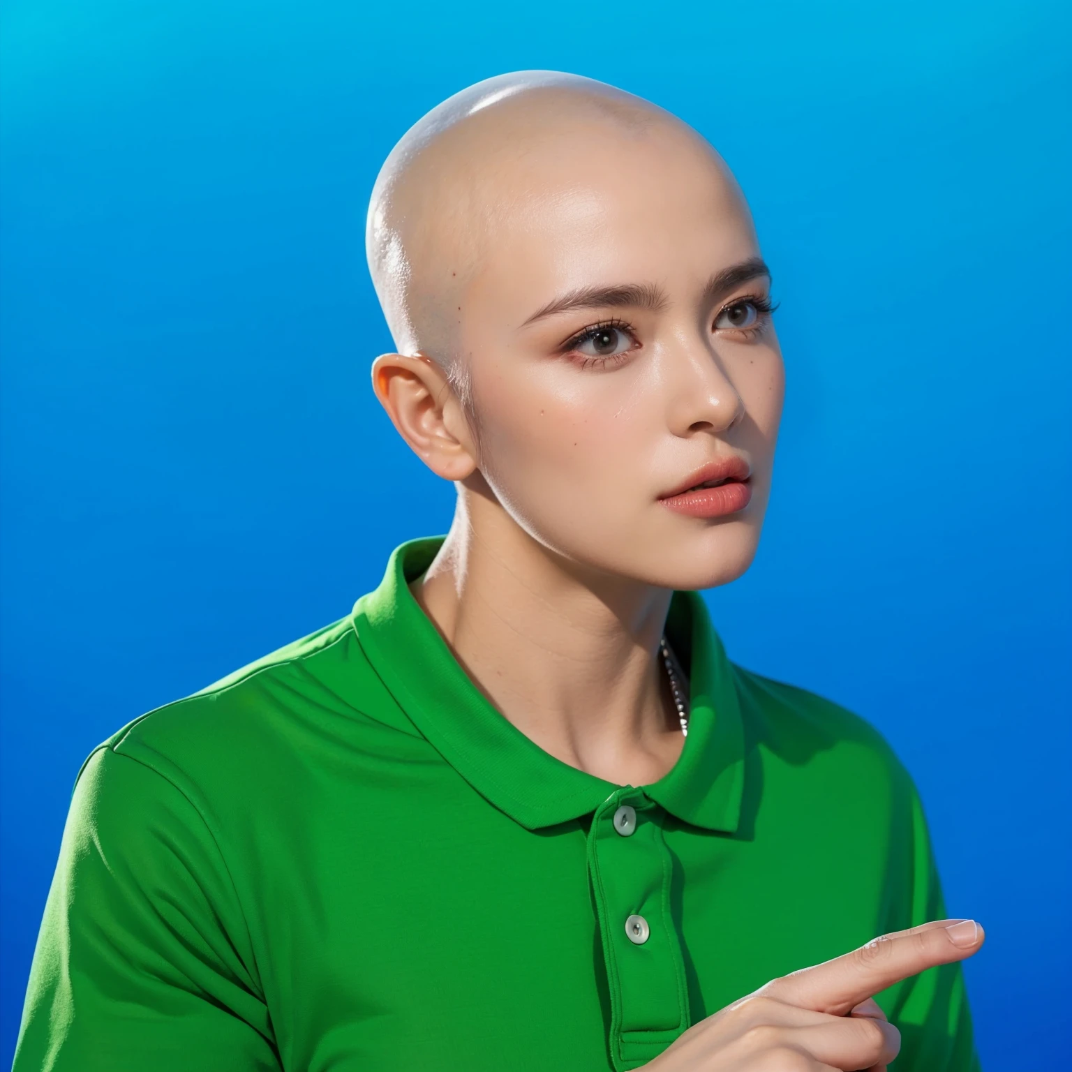 This image portrays a man with a stern expression, pointing to something off-camera, which suggests he is either explaining something important or issuing a command. He is bald and wears a vibrant green polo shirt, which contrasts sharply with the simple blue background, focusing attention on his gesture and facial expression. His intense gaze and firm posture add a sense of urgency or seriousness to his demeanor. This setup could be used in various contexts, from instructional content to a portrayal of authority or decision-making in a narrative. The overall composition of the image is both eye-catching and charming, effectively conveying a sense of joy and creativity.ffects render, (glossy plastic texture with multiple big light probe refractions), perfect cgi, smooth silhouette, high intensity refraction, (super glossy plastic material), most beautiful vfx, , realistic, 4k, high resolution, rim light, smooth 3d model, multiple light sources, rim light, sharp post effects render,, realistic, 4k, high resolution, rim light detailed digital art, reflective, best quality, 4k, masterpiece:1.2, ultra-detailed, realistic, vivid colors, The image of the highest quality, ensuring every detail showcased perfectly. It in 4k resolution, allowing viewers to immerse themselves in the richness of the colors and intricate details. The realistic rendering. under the spotlight, reflecting, high-resolution image, realistic rendering