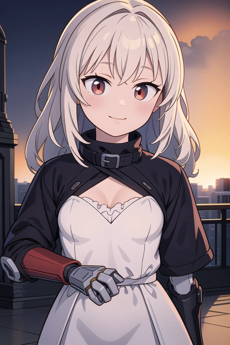 (masterpiece,best quality,ultra highres,ultra detail,novel illustration:1.4),1girl,cowboy shot,ard3nSW,nikkesw,Yang_RWBY,(mechanical arm,single mechanical arm,prosthesis),white hair,red eyes,long hair,flat chest,smile,(frilled dress:1.4)