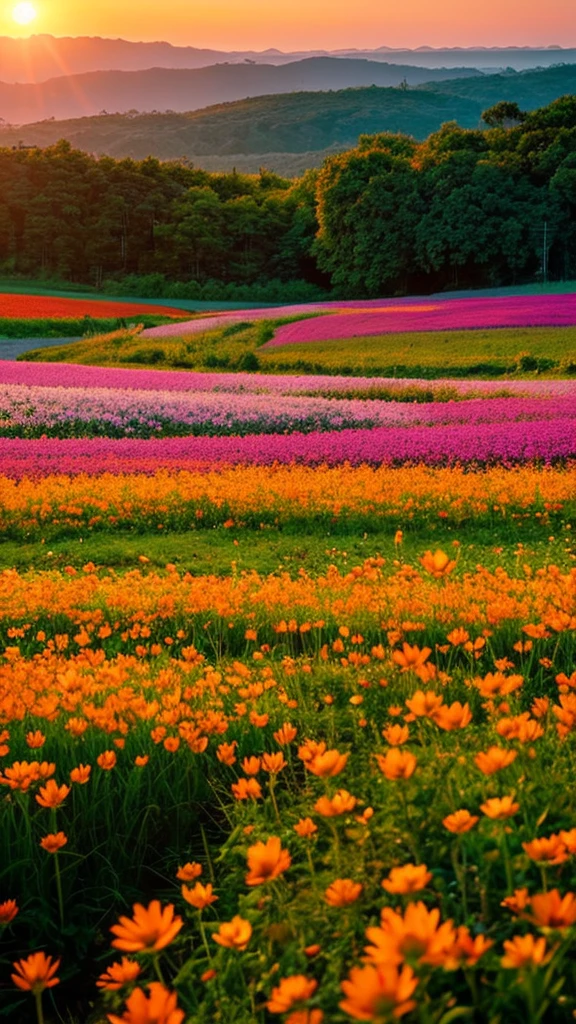 Highest quality,Fantasy,As far as the eye can see,Flower Field,Sunset