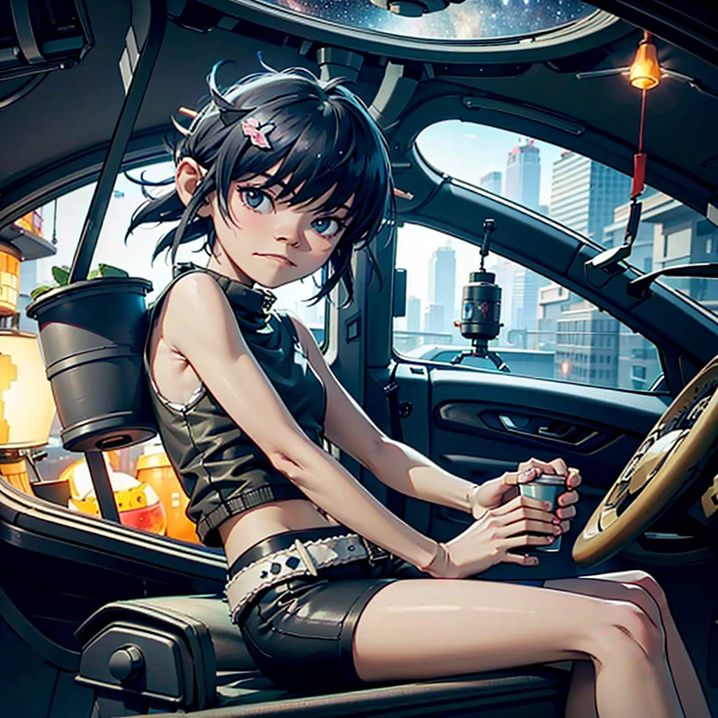A young girl stands by the window of her spaceship, dressed in a white tank top and black knit shorts, holding a coffee cup. She gazes out at the vastness of the universe with a serene and contemplative expression. The interior of the spaceship is designed with sleek, futuristic elements, illuminated by soft, ambient lighting. Through the large window, the expansive view of space reveals stars, galaxies, and distant planets. The scene captures a peaceful, reflective moment, highlighting the contrast between the cozy interior of the spaceship and the infinite universe outside.