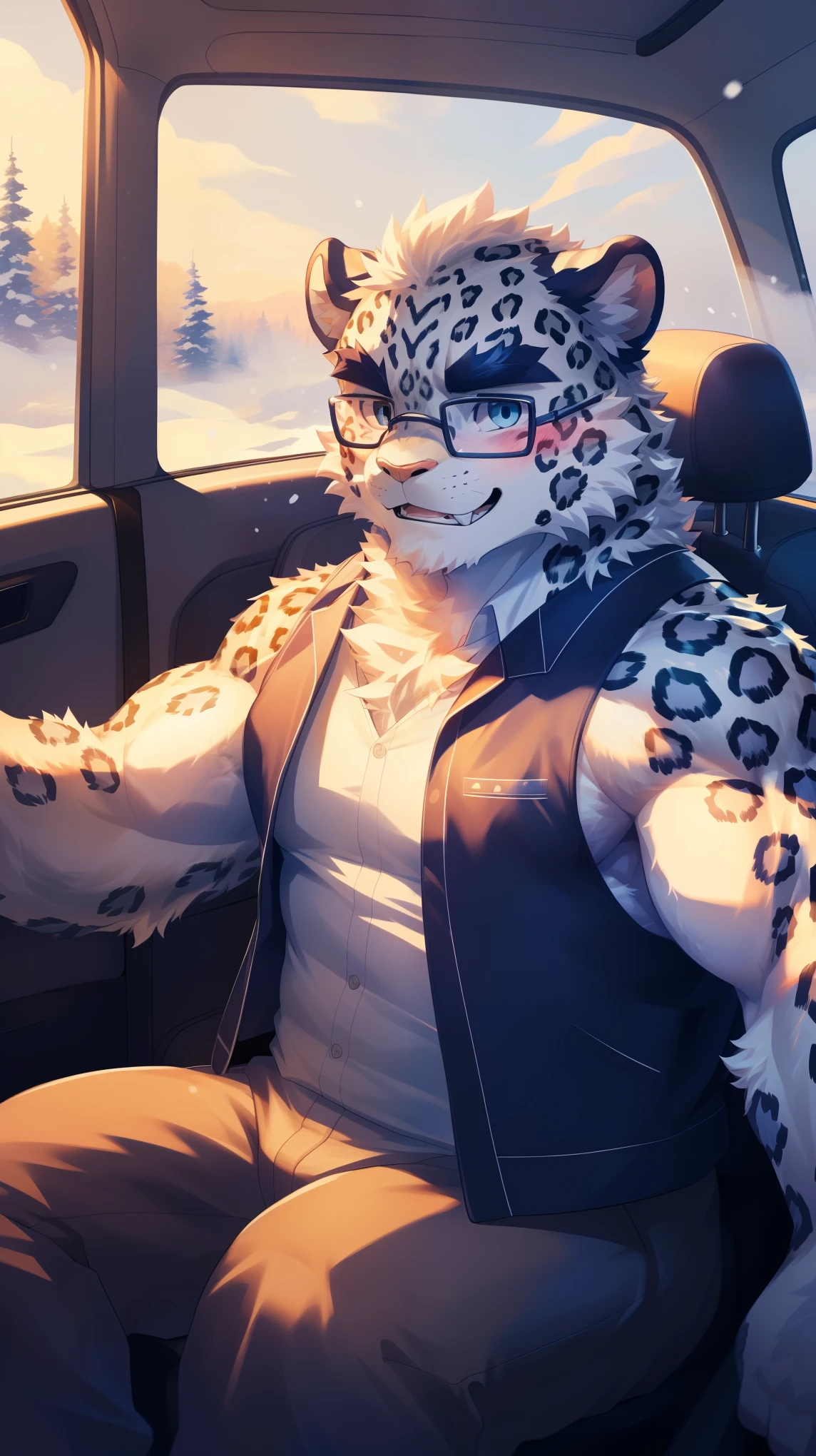 (Vision:1.5), solitary, anthropology, hairy, hairy male, snow leopard, ((Fluffy fur, Fluffy, hairy body)), (snow leopard print), (Thick eyebrows), youth, muscular, White and big skin, Blue-gray pupils, Detailed teeth, defaced face, fundos, driver, Vest, 卡车driver帽, Glasses, cab里, Driving, sideways, Shy expression, A faint smile, blush, (Dynamic poses:1.5), Clear facial features, Strong, majestic, alone, panoramic, Fog atmosphere, early morning, Tyndall Light Effect, cab, Sunlight through the car window, (By Empty Ghost, From snow leopard20, masterpiece, high quality, high resolution,8K)