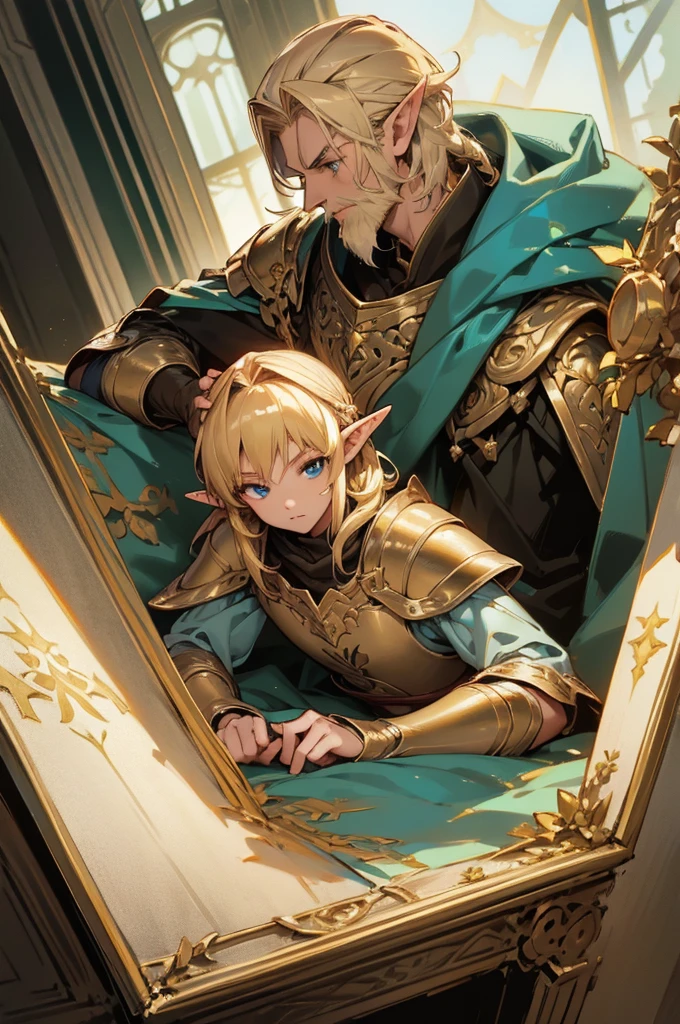 masterpiece, best quality, ultra high resolution, 1man, elven armor, male, fantasy illustration, elf, pointy ears, (old man), art by Kinema Citrus, (dirty blonde hair), baby blue eyes, wrinkles, short beard, perfect eyes