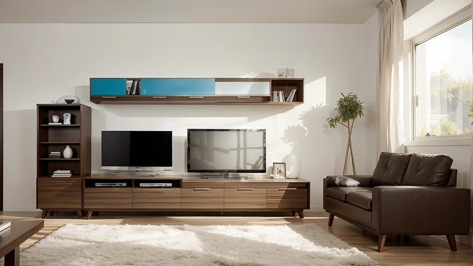 A Modern Living Room With A TV Unit Designed With Storage