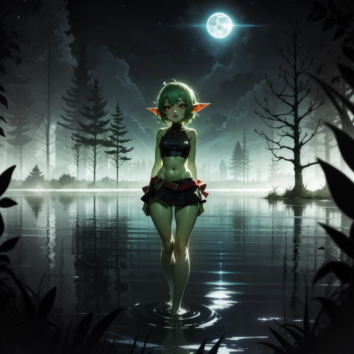 1girl, goblin girl, (solo), short curly hair, light green hair, tiny breasts, tiny size, red eyes, green skin, tiny black crop top, tiny black skirt, barefoots, sex view, tiny vagina, full body, standing in water, (lake), night, white moon, forest behind, (very sexy body, detailed face, masterpiece, highly detailed, 8k, best quality, vibrant colors, digital art, concept art)