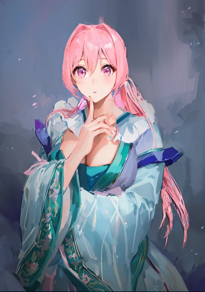 Pink Hair、Anime girl in blue dress poses for photo, Pink ponytail hair and pink eyes, Produced in collaboration with Anime Painter Studio, In the anime painter studio, Portrait of the Knights of the Zodiac,  Sonison，超级Sonison，Celluloid