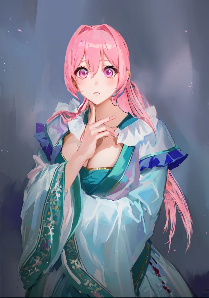 Pink Hair、Anime girl in blue dress poses for photo, Pink ponytail hair and pink eyes, Produced in collaboration with Anime Painter Studio, In the anime painter studio, Portrait of the Knights of the Zodiac,  Sonison，超级Sonison，Celluloid