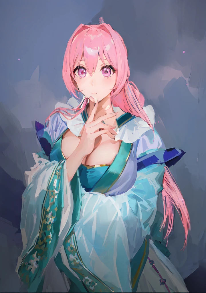 Pink Hair、Anime girl in blue dress poses for photo, Pink ponytail hair and pink eyes, Produced in collaboration with Anime Painter Studio, In the anime painter studio, Portrait of the Knights of the Zodiac, Sonison,超级Sonison,Celluloid