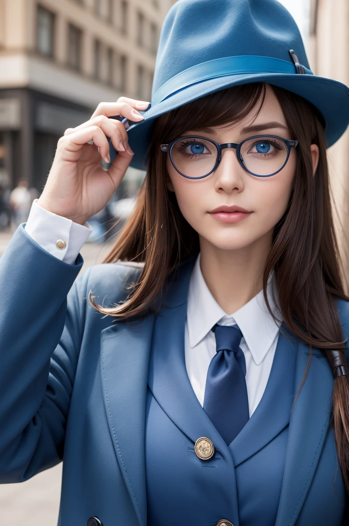 Create blue woman with detective outfit brown hat combined with outfit blue eyes brown hair,wearing glasses looking to the side with a satisfied face holding a magnifying glass in his hand but not looking into it.