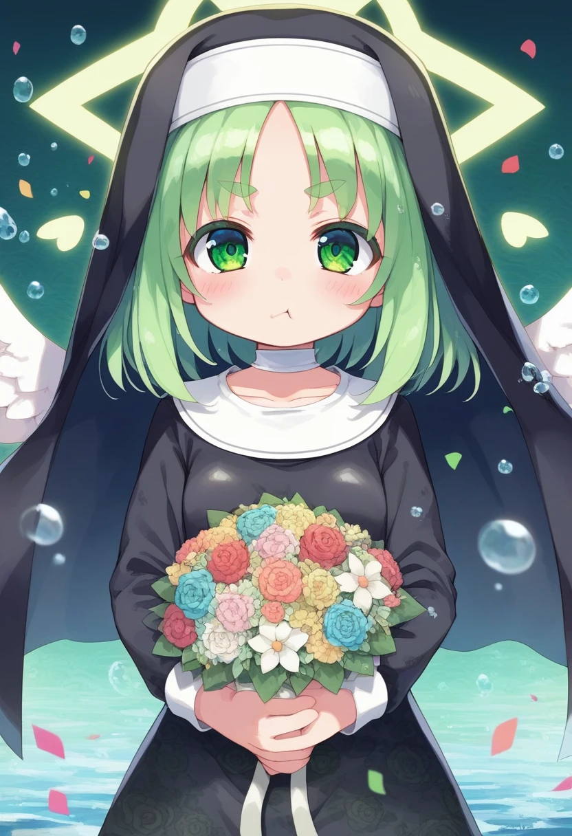 score_9, ,score_7_up, score_6_up, 1girl, source_cartoon, source_anime,breathtalking Scenery,watercolor,smooth soft skin, natural skin,mjm,Bfg 
BREAK 
(:1.4),(little female child:1.4), small breast,cute face, (lolidler:1.1), 6 yo,kawaii, (highlight on eyes), (jiggly:0.8), shiny skin,beautiful eyes, detailed eyes, puffy eyes,
BREAK 
(medium green hair:1.3),(green maro eyebrows:1.6),pouty and slightly grumpy,(pout:1.2), ::(, (jitome),(frown:0.6),white streaked hair, green eyes, 
BREAK 
(marbled patterns nun dress:1.3), (marbling botanical pattern veil),choker,nun,excessive detailed collarbone,angel wings,angel halo,
BREAK 
(marbling:1.4), marbled patterns,swirling colors, abstract art, ink on water, floating water drops,water effect, ink,  deepgreen theme,zentangle,mandala,fractal,tangle,entangle,floral pattern,
BREAK
flower bouquet, (digits behind bouquet:1.3), (hands behind bouquet:1.3),
(holding bouquet:1.1), celebration, Congratulations,confetti, bloom effect,dynamicangle,pastelcolor,upturned eyes,