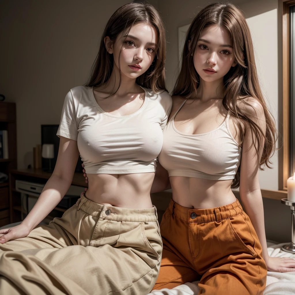 A beautiful young woman, in her late 20's, dimly lit room, candlelight, pale white skin, long light brown hair, orange eyes, wearing loose fitting brown cargo pants, wearing a red cropped t-shirt, exposed midriff, 8k UHD, extremely detailed, well lit