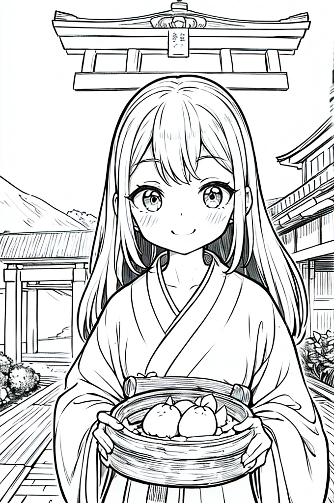 As a coloring book, the color should be black and white, the border should be simple, clear, and bold. A cheerful Asian girl with bright eyes and a mischievous smile is playfully posing in front of the iconic [Fushimi Inari-taisha Shrine] in Kyoto, Japan. She is dressed in a vibrant [kimono with fox pattern], the bold orange and white colors complementing the vermilion torii gates that line the path. The girl's hands are clasped in a playful gesture, and her hair is adorned with a traditional [kanzashi hair ornament].