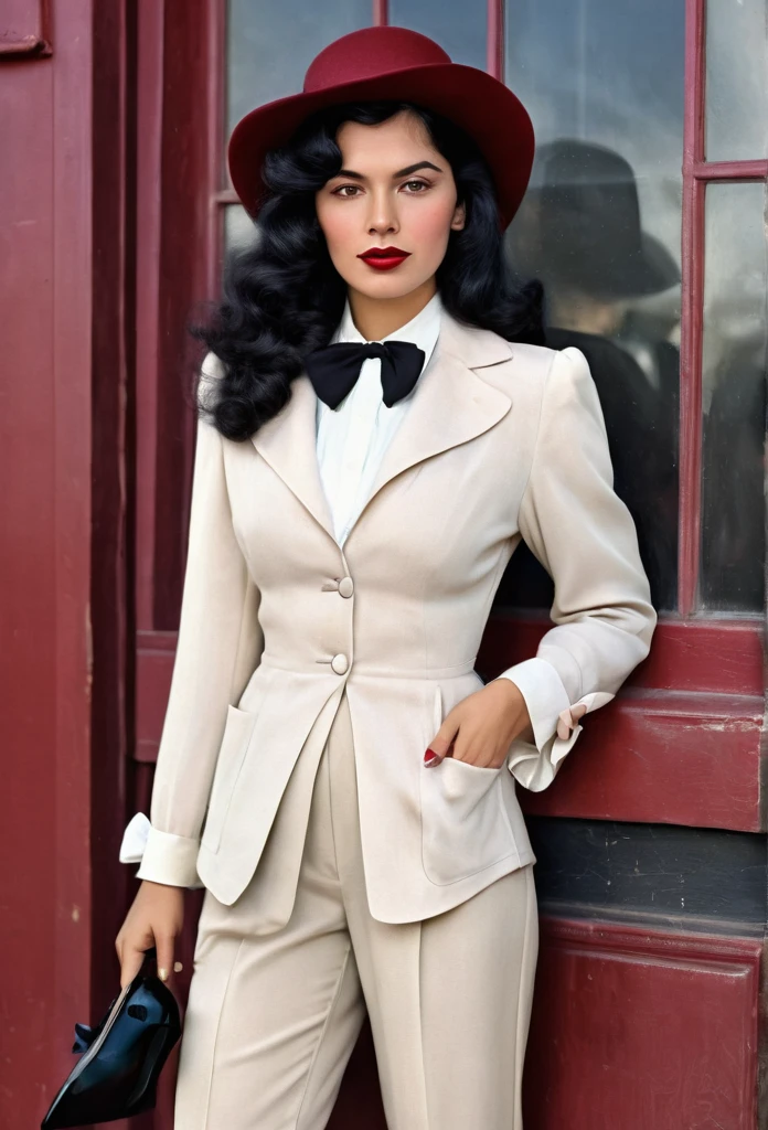Create a realistic image vintage of a 1930s Colombian woman with long wavy black hair and hairstyle , With light brown eyes, black dress pants, white blouse with bow tie , marsala red coat, black boots up to the ankle, coconut hat on head red lipstick, with pistol not in hand. 