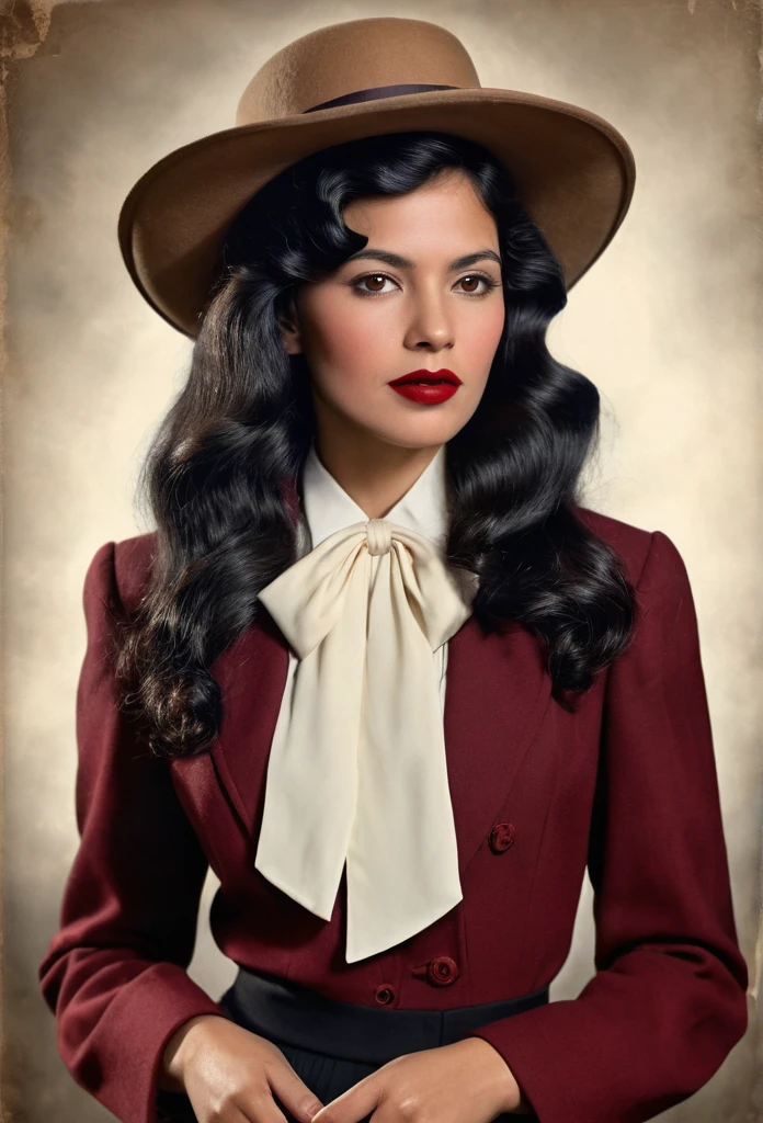 Create a realistic image vintage of a 1930s Colombian woman with long wavy black hair and hairstyle , With light brown eyes, black dress pants, white blouse with bow tie , marsala red coat, black boots up to the ankle, coconut hat on head red lipstick, with pistol not in hand. 