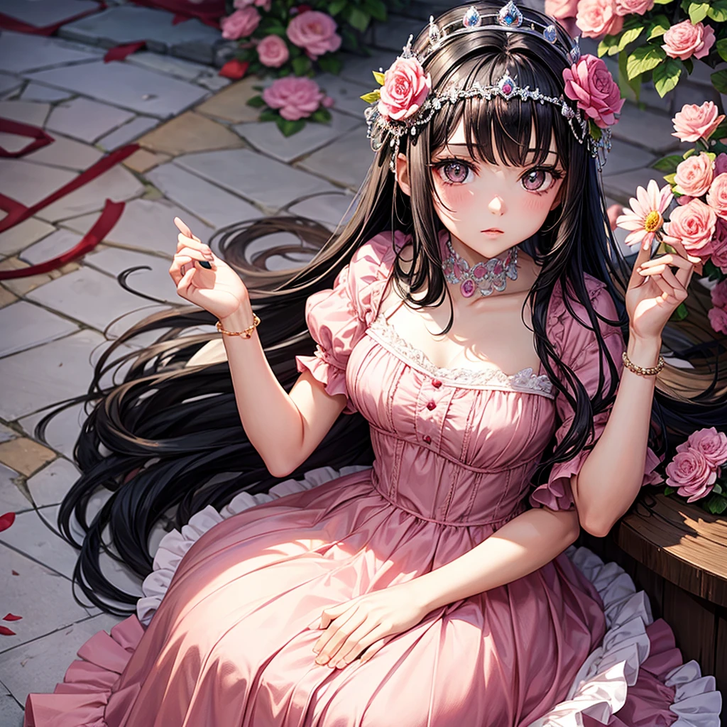 A princess with black hair and dark brown eyes wearing a round pink princess dress and flower tiara sitting
