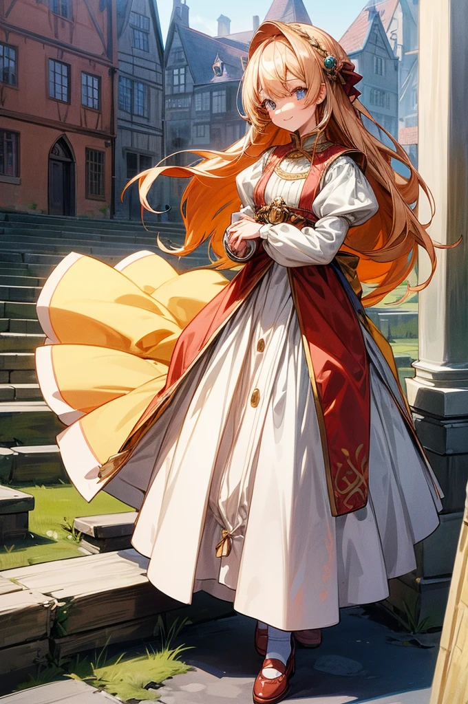 1girl, (anime coloring:1.2), perfect_anatomy, best quality, otherworldly, upturned eyes, beautiful_hair, feminine, endearing smile, german cheap clothes, medieval cheap costume, standing, Stone buildings, Medieval town, Traditional dress, Long skirt, Simple shoes, (cheap clothes)