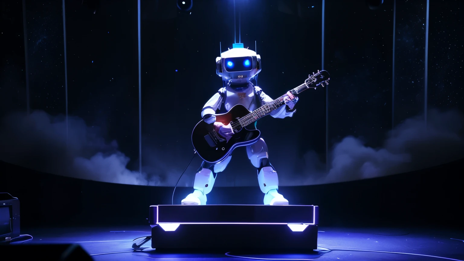 Create in 8k, uhd, A SYBER ROBOT PLAYING ELETRIC GUITAR ON A STAGE , SIMULATING OUTER SPACE,