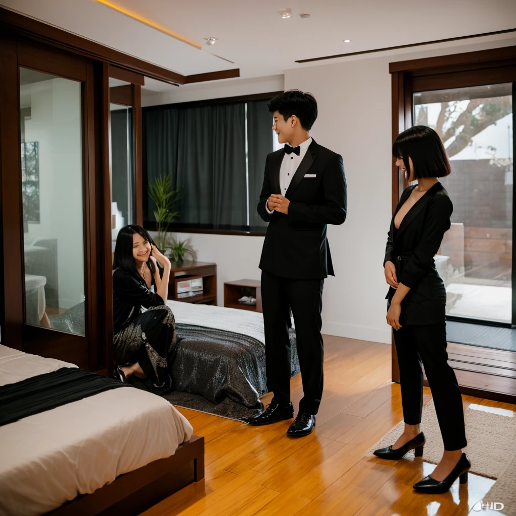 a young man, shorty black haircut back, wear black formal cloth, long pant cloth, wear shoes, standing in bedroom, with his both hands hugged a naked woman on beside him, natural, at night, surprize, funny moment, real hyper realistic, real human japanese, UHD 16k, detailed photo, perfect face, detailed place, photo was taken from a distance on bedroom