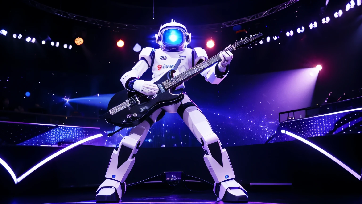 Create in 8k, uhd, A SYBER ROBOT PLAYING ELETRIC GUITAR ON A STAGE , SIMULATING OUTER SPACE,