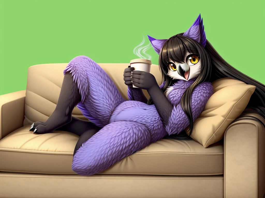 Solo, Female, species:owl, yellow eyes, purple feathers, long hair, black hair, cute face, happy, full body, lounging on couch, relaxed, holding cup of coffee