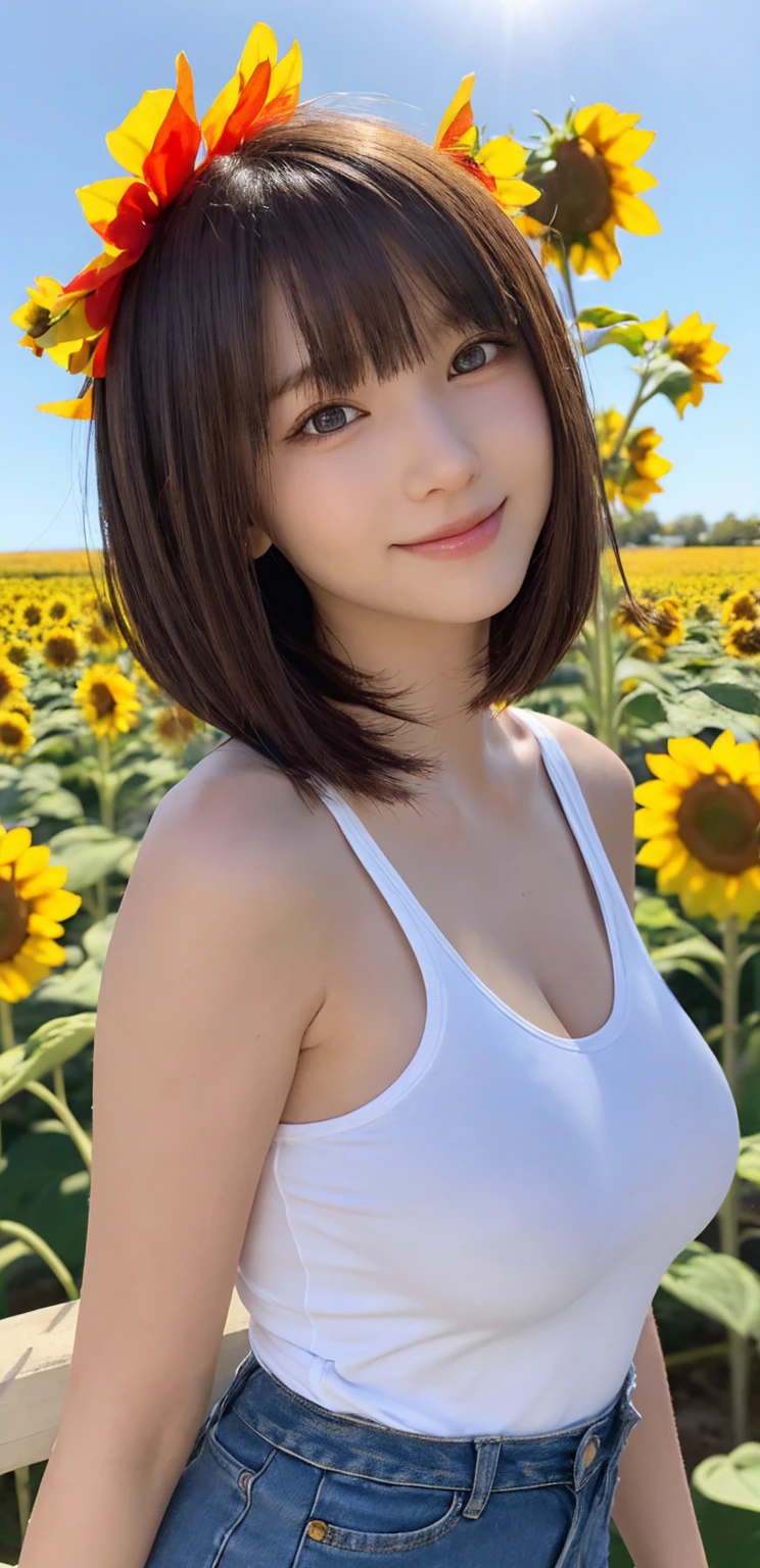 最high quality、high quality、Best image quality、8k,Sunflower print bikini,short hair:1.4,smile、最High resolution、High resolution、最high quality、masterpiece、RAW Photos、whole body写真、Detailed and realistic human body、Detailed and realistic skin、Realistic face in every detail、Detailed and realistic eyes、Detailed and realistic lips、Detailed and realistic teeth、Detailed and realistic ears、Detailed and realistic hair、Realistic reproduction of every detail、Realistic fingers in every detail、(Beautiful Hands、thumb１reference４)、Realistic feet down to the last detail、((Beautiful Japanese Women))、(Japanese Model)、((21 year old beautiful woman))、(Black Hair)、(Straight hair)、((whole body))、(Slim and perfect figure)、(whole body光沢肌、Fair skin)、Detailed and realistic human body、Detailed and realistic skin、Realistic face in every detail、Realistic fingers in every detail、Detailed realistic feet、Soft natural light、360 degree sunflower field、((standing in the middle of a field of sunflowers(A girl surrounded by sunflowers 360 degrees))、Poses to make your thighs look beautiful