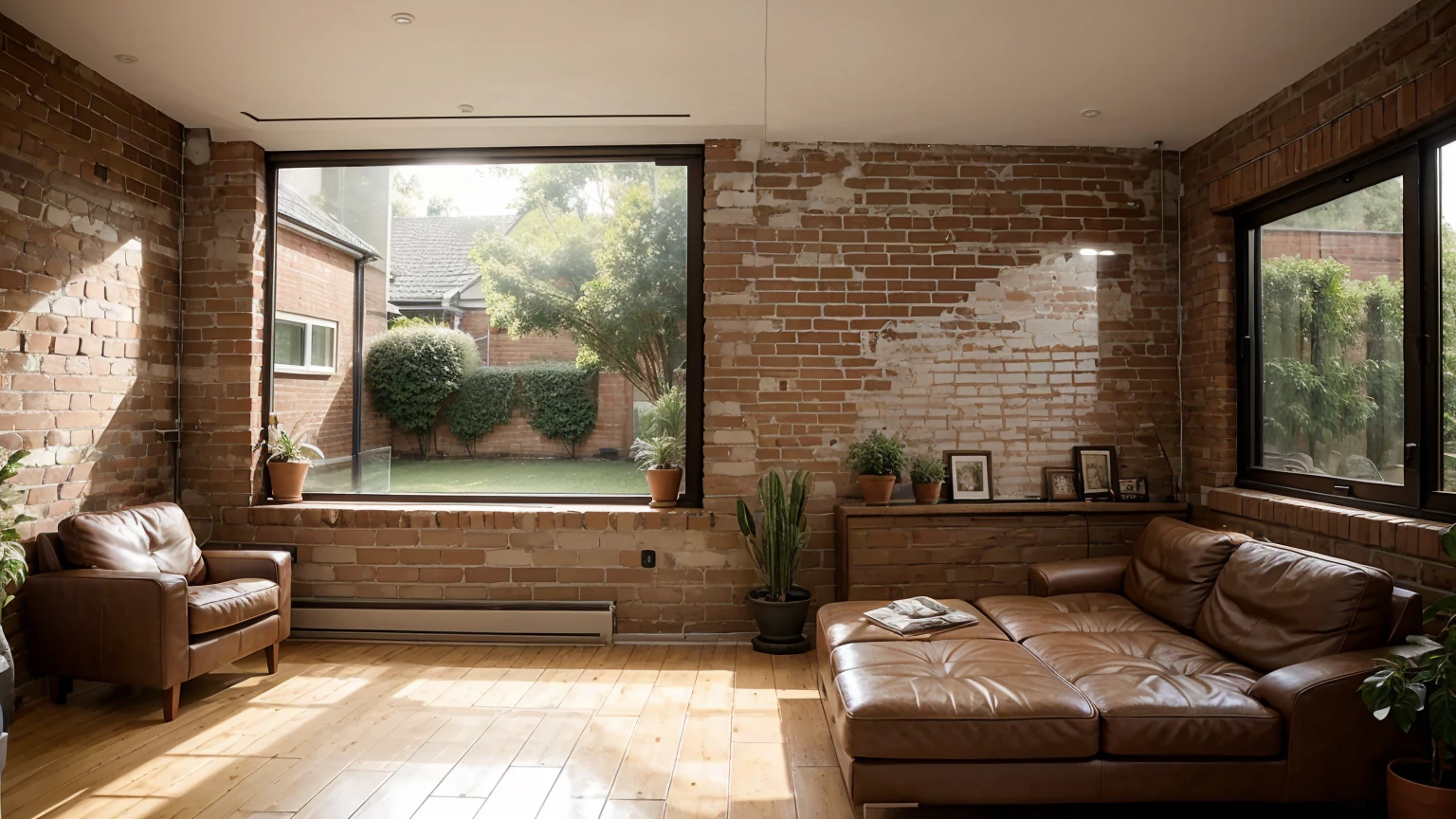 The living room has brick-wall cladding on the wall against the seating area and a stunning indoor window that overlooks the bedroom space.