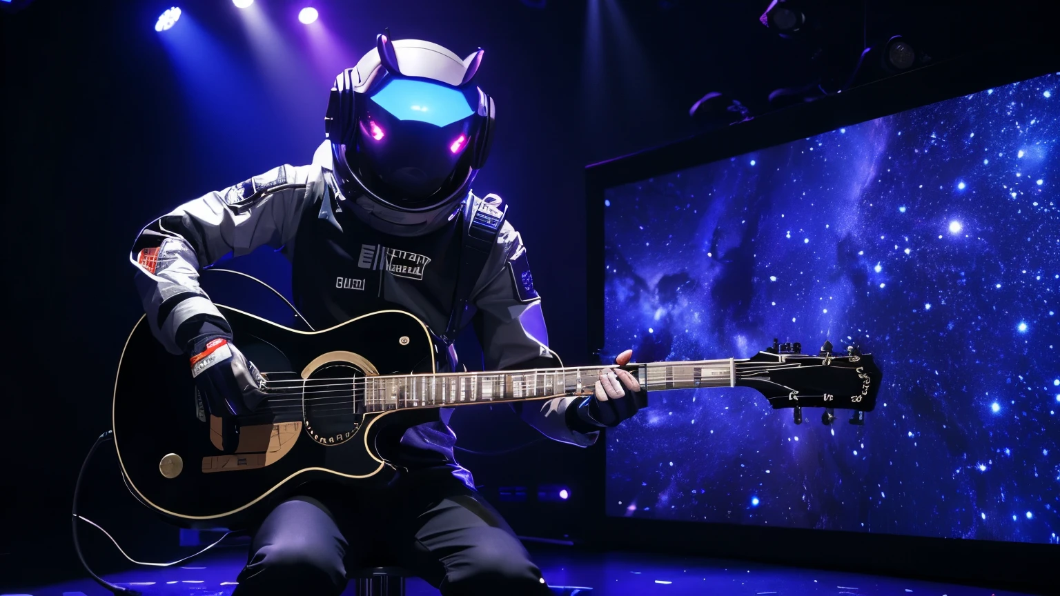 Create in 8k, uhd, A SYBER ROBOT PLAYING ELETRIC GUITAR ON A STAGE , SIMULATING OUTER SPACE,
