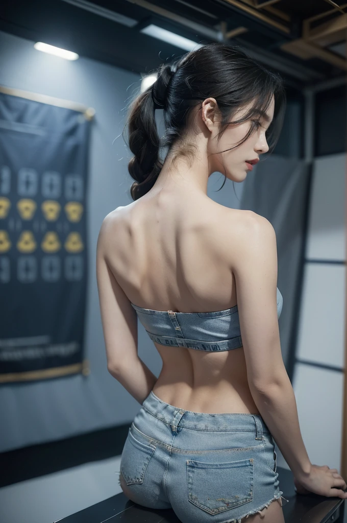 (((best quality))),(((ultra detailed))),(((masterpiece))),illustration,((1girl, female Air Force commander,solo)),(short ponytail:1.2),((slim,thin)),((shoulder off,strapless,bare back,towering hips,butt crack)),poised, confidence, authority,(light blue shirt:1.3),(dark blue shorts:1.2), (slender legs:1.2),piercing eyes, control panel, military airport, soldiers, duties, fighter jets, clear sky, engine roar, excitement, energy, control room, monitors, switches, mosaic colors, expertise, pilots, headset, calm voice, strong presence, attention, respect, leadership, dedication, courage, bravery, women in military, inner strength, resilience, inspiration,((from back,upper body))