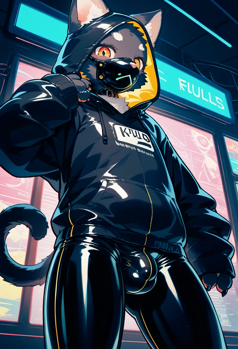 Highest quality, Highest quality, High quality illustrations, masterpiece, Ultra-high resolution, Detailed Background, Games Room, Absurd, Perfect Anatomy, performance, Good lighting, Shadows in the movies(kemono, Furry PersonifiCation), Cat, Dark Skin, Rubber suit, Rubber suit, latex, neon, neonライト, neonカラー, Rubber spats, Rubber Hoodie, Rubber mask, ribbon, Embarrassing, Null bulge, male, juvenile