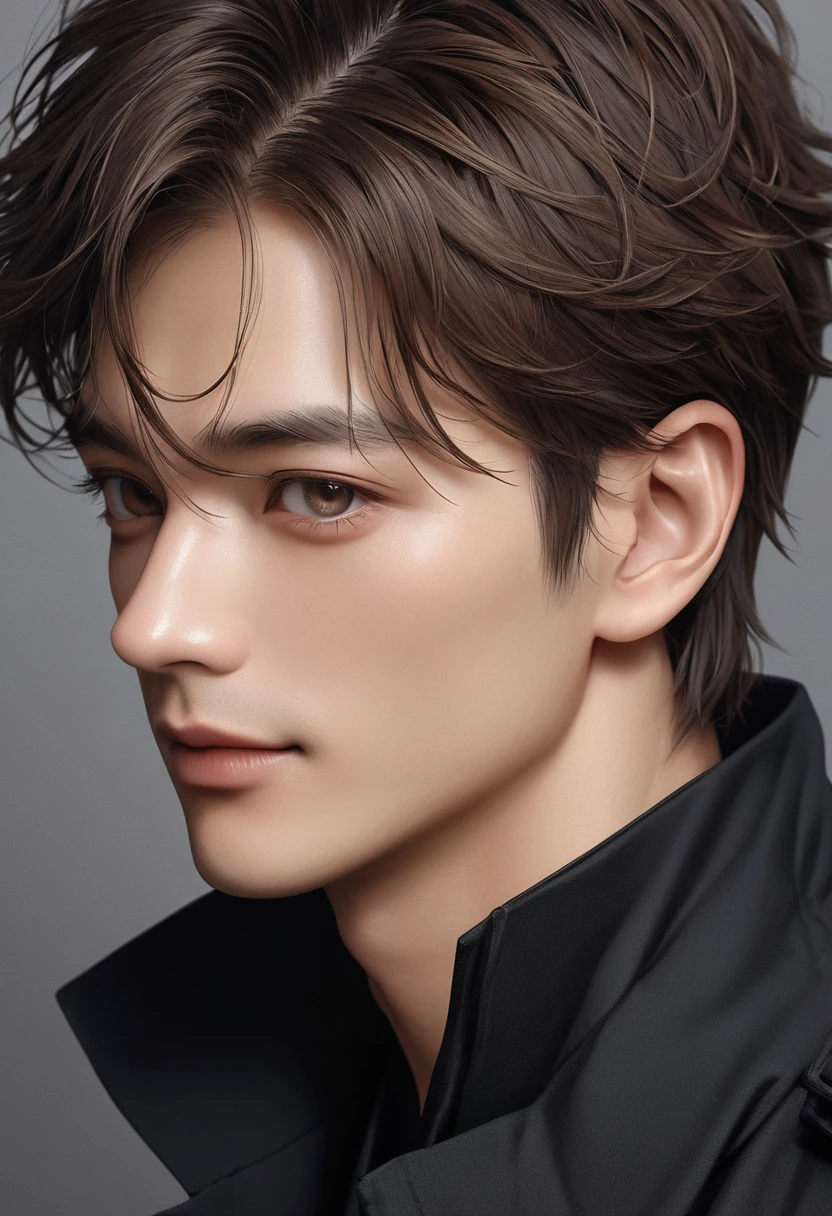Handsome mature young boy dynamic full body photo, close-up of brown-haired man wearing black windbreaker( perfect anatomy ) Face side close-up. Detailed face. realistic eyes.
The face and eyes are very detailed. Delicate skin.、Delicate skin texture smile, Black trench coat dark shadow background, black soft light, Professional photography master'Artworks, texture, complicated, Clear,
High-quality masterpieces,Extremely complicated and exquisitely detailed, Super detailed, Super detailed digital art