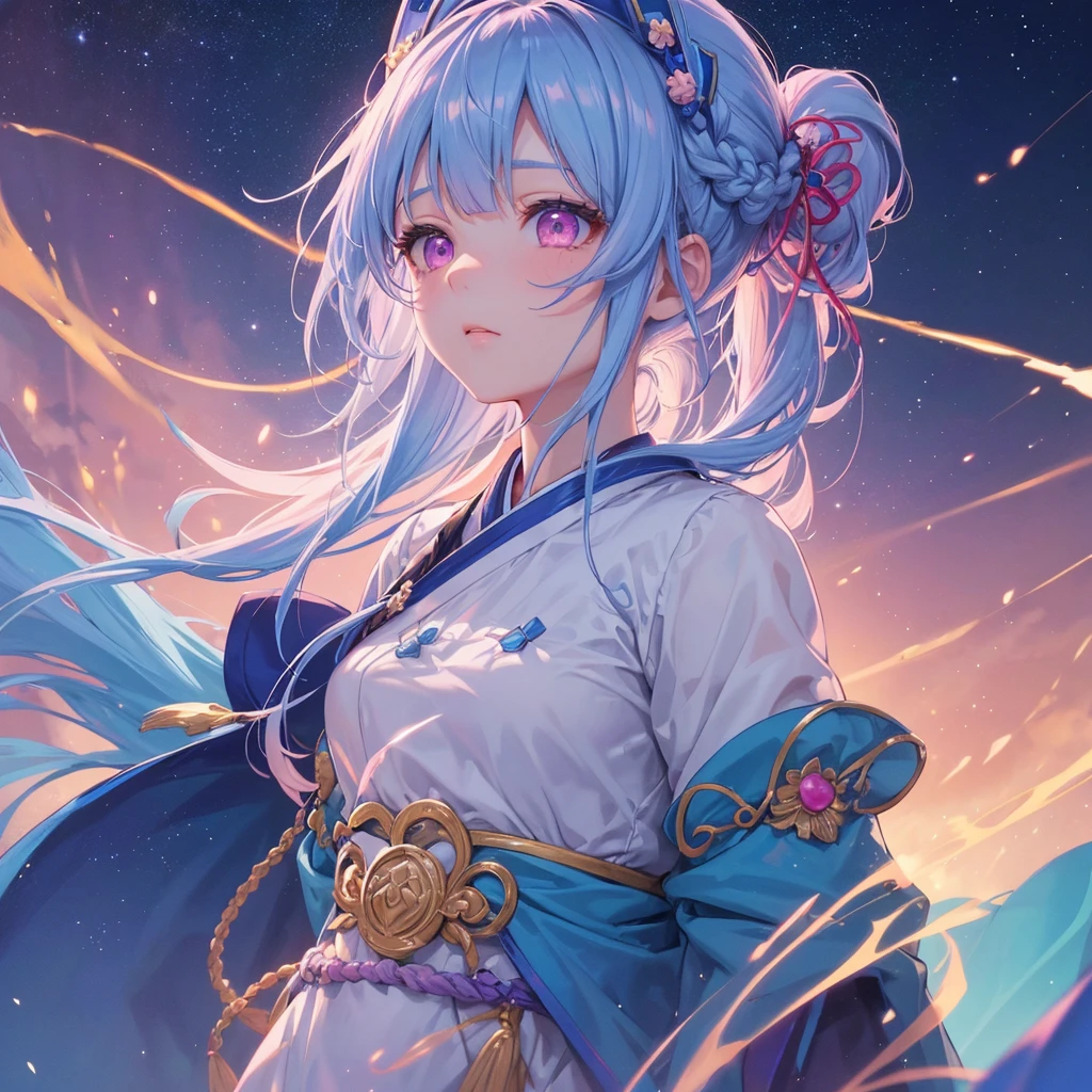 Sky blue hair, Braided Ponytail,(Pink Eyes),Fair skin ,(whole body),(One girl),Hanfu,Tanabata,(The beautiful, sparkling Milky Way in the night sky),Hollow Eyes,Straight bangs,(masterpiece, Highest quality, Very detailed, Best Shadow), (Detailed Background), (Beautifully detailed face), High Contrast, (Best lighting, Very delicate and beautiful), ((Cinematic Light)), colorful, Hyper Detail, Dramatic Light, Intricate details,