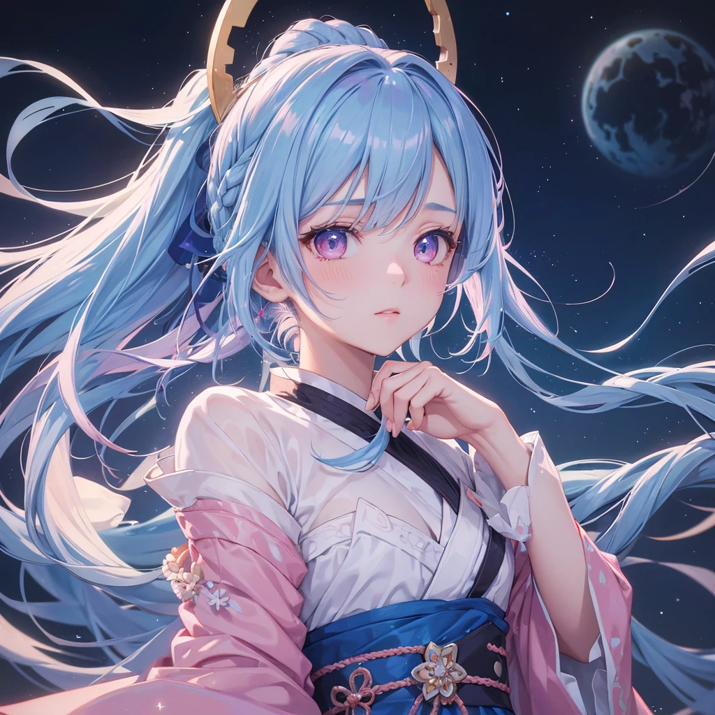 Sky blue hair, Braided Ponytail,(Pink Eyes),Fair skin ,(whole body),(One girl),Hanfu,Tanabata,(The beautiful, sparkling Milky Way in the night sky),Hollow Eyes,Straight bangs,(masterpiece, Highest quality, Very detailed, Best Shadow), (Detailed Background), (Beautifully detailed face), High Contrast, (Best lighting, Very delicate and beautiful), ((Cinematic Light)), colorful, Hyper Detail, Dramatic Light, Intricate details,