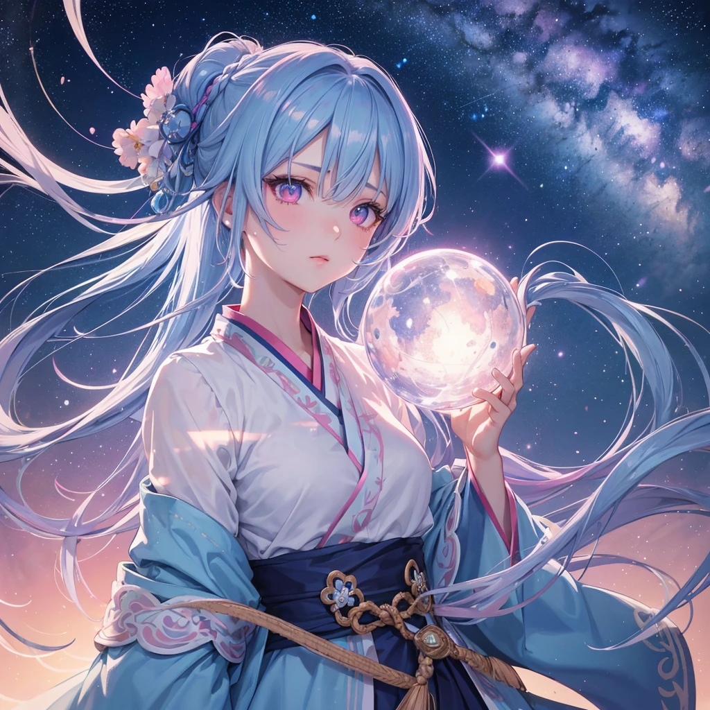 Sky blue hair, Braided Ponytail,(Pink Eyes),Fair skin ,(whole body),(One girl),Hanfu,Tanabata,(The beautiful, sparkling Milky Way in the night sky),Hollow Eyes,Straight bangs,(masterpiece, Highest quality, Very detailed, Best Shadow), (Detailed Background), (Beautifully detailed face), High Contrast, (Best lighting, Very delicate and beautiful), ((Cinematic Light)), colorful, Hyper Detail, Dramatic Light, Intricate details,