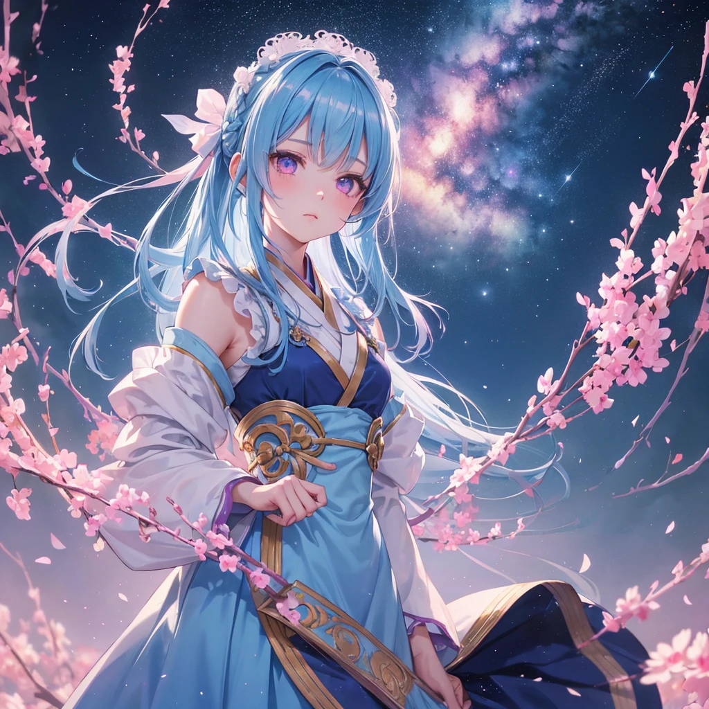 Sky blue hair, Braided Ponytail,(Pink Eyes),Fair skin ,(whole body),(One girl),Hanfu,Tanabata,(The beautiful, sparkling Milky Way in the night sky),Hollow Eyes,Straight bangs,(masterpiece, Highest quality, Very detailed, Best Shadow), (Detailed Background), (Beautifully detailed face), High Contrast, (Best lighting, Very delicate and beautiful), ((Cinematic Light)), colorful, Hyper Detail, Dramatic Light, Intricate details,