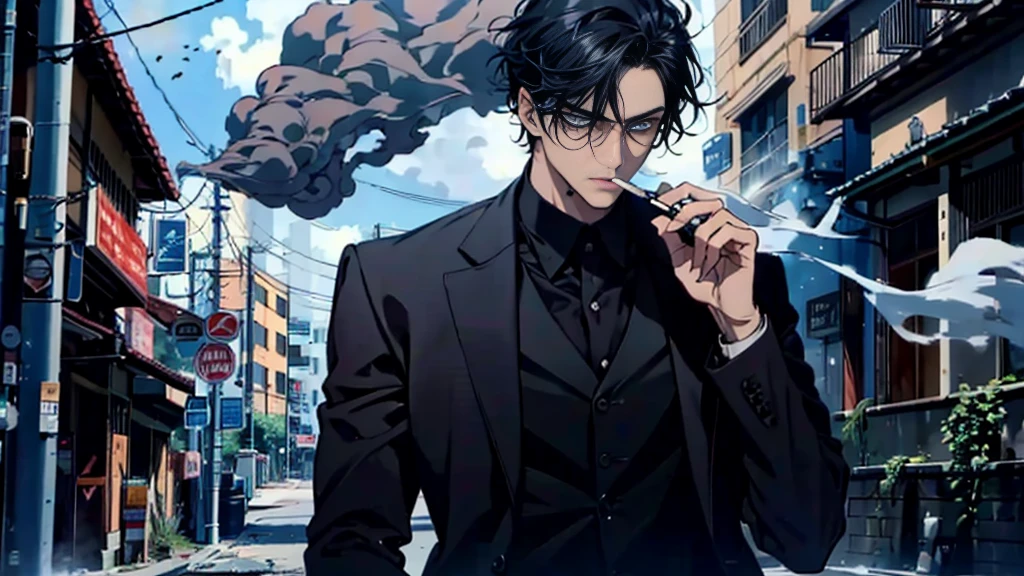 1 boy , black hair , blue eyes , Smoking , bad boy , mafia , wearing a black suit , wound , Masterpiece , best quality , smoke , Blood stains. , Handsomeness , Good skin , nonsense , cool ,