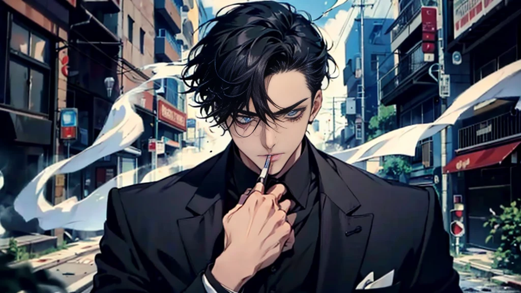 1 boy , black hair , blue eyes , Smoking , bad boy , mafia , wearing a black suit , wound , Masterpiece , best quality , smoke , Blood stains. , Handsomeness , Good skin , nonsense , cool ,