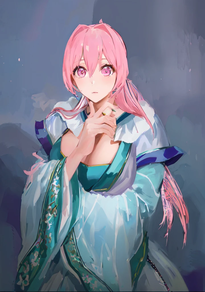 Pink Hair、Anime girl in blue dress poses for photo, Pink ponytail hair and pink eyes, Produced in collaboration with Anime Painter Studio, In the anime painter studio, Portrait of the Knights of the Zodiac,  Sonison，超级Sonison，Celluloid