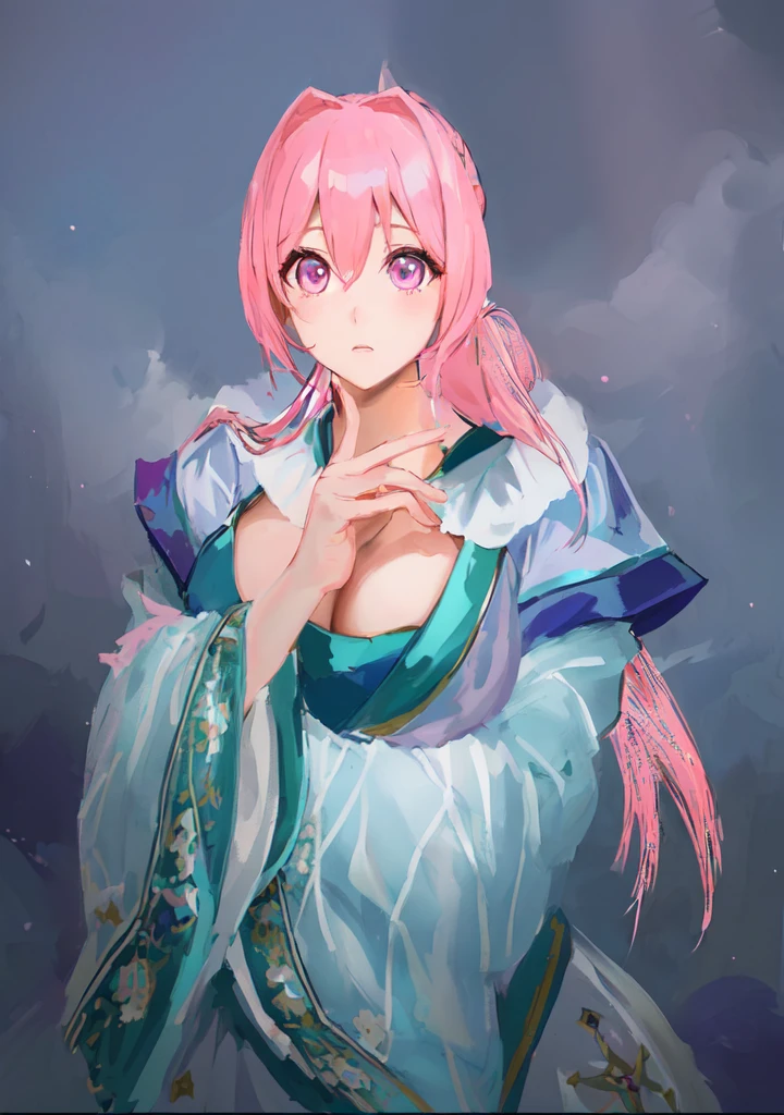 Pink Hair、Anime girl in blue dress poses for photo, Pink ponytail hair and pink eyes, Produced in collaboration with Anime Painter Studio, In the anime painter studio, Portrait of the Knights of the Zodiac,  Sonison，超级Sonison，Celluloid