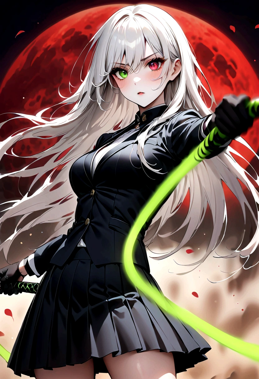 Japanese Anime，1 girl swinging a whip，White long haire  butterflys，Anime style，body movements，Sense of Power，Force Value，(((Heterochromia：1.37)))，(((Black pleated skirt，)))，Elegant Posture、Red Moon、dark purple tones，Elegant and atmospheric。，(((Fluorescent green whip：1.37。Motion blurred，Motion Blur)))，Petals in the sky，Blurred foreground，Face Focus