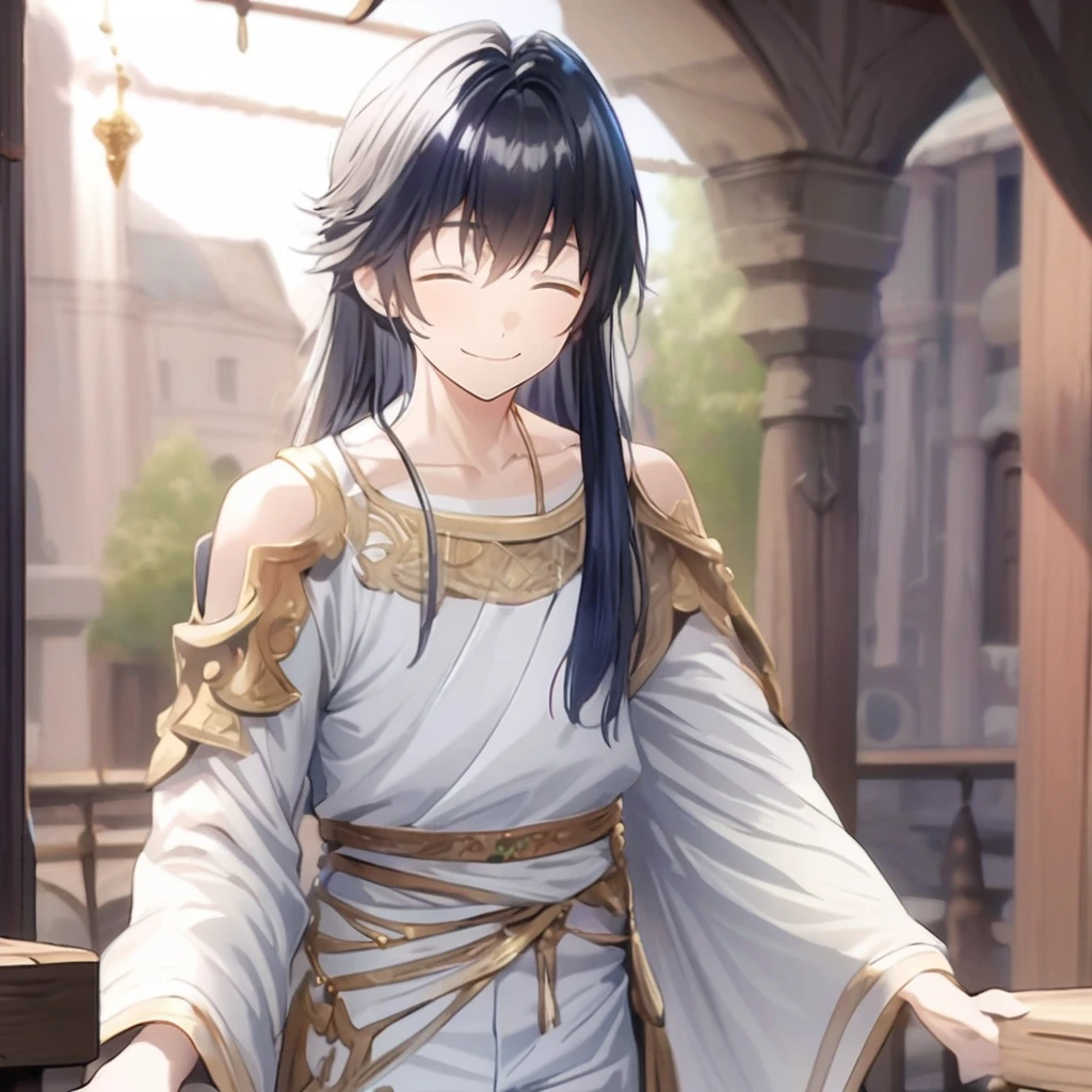 ((masterpiece)), ((1boy)), Anime-style image of a man with long black hair and white clothing, Thread, smile, Priest of Another World, 13-year-old boy, White clothes with gold decoration, Mysterious beautiful boy, (Super detailed)