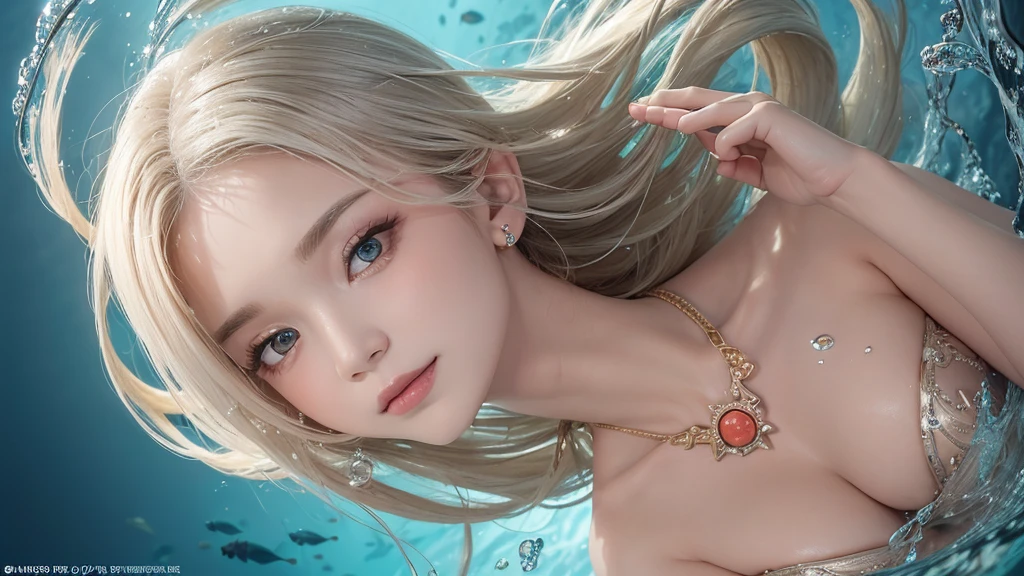 (Highest Quality Realistic Textured Skin),(terrible),(OK, round, Symmetrical eyes),Delicate facial features,(Burning bright cold eyes),(She has a mischievous smile),(Her face is kind and beautiful),Glass earrings in the ears,,(blonde),(Silvery white hair),(Chestnut Hair),(Swim at the bottom of the ocean),(Full body portrait:1.5),(Dramatic Photos:1.4),(Dramatic Pose),(Flashy photos)(look up),(Looking down),(Around her neck is a simple necklace made with exquisite craftsmanship.),Cluttered photos,(Hair flowing in water:1.5),(Underwater, Life at sea, 美しいCoral Reef, fish),(Background vortices and currents),(Dramatic Light),(Nice views),(美しいfishに囲まれて),遠くの背景にはCoral Reefに沈んだ寺院が見える,Coral Reef,Spectacular realism,Cinematic atmosphere,(High-density image review:1.5),(Soft colors:1.2),Very detailed,Dramatic Light,(Intricate details:1.1),Complex background,