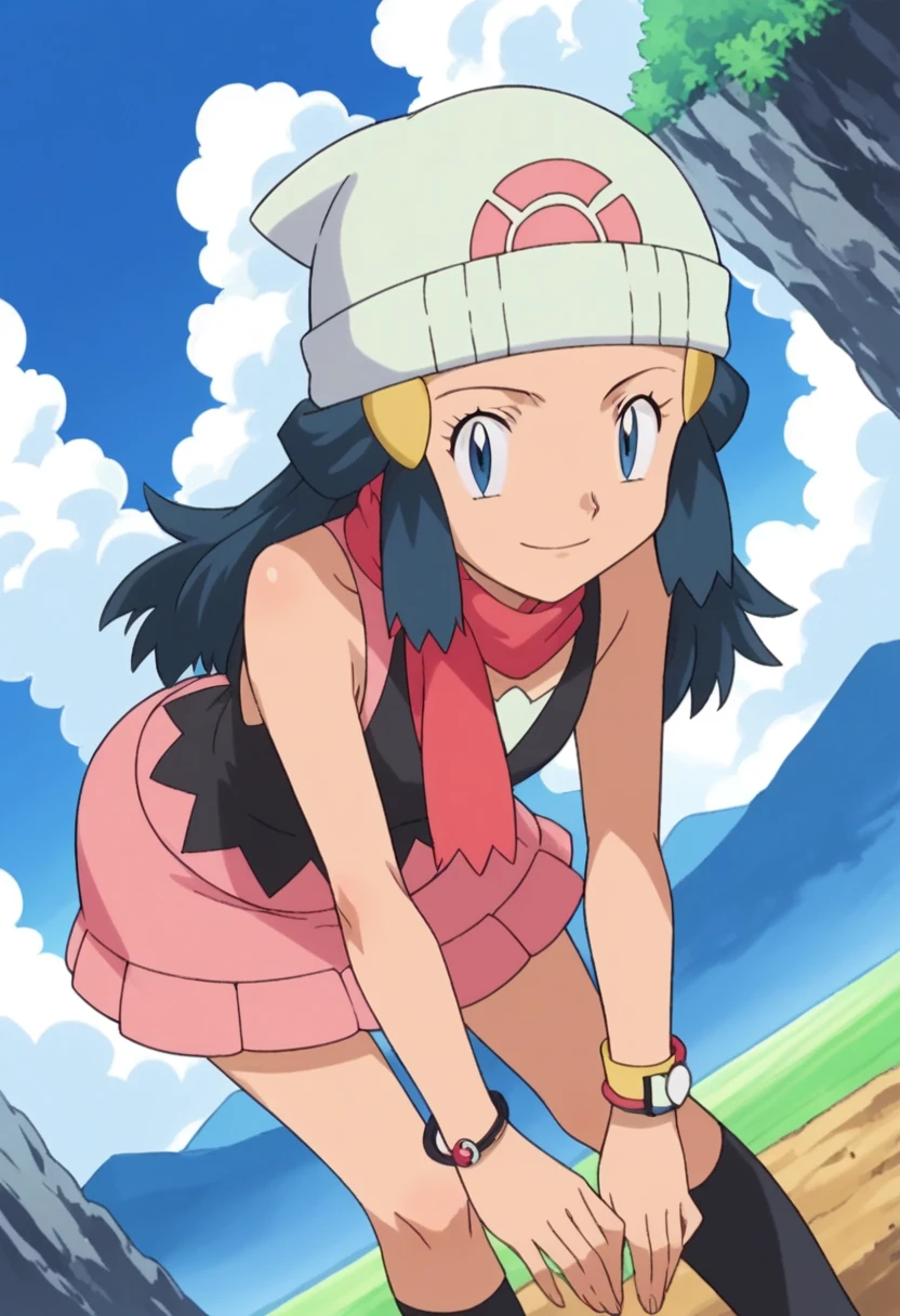 score_9, score_8_up, score_7_up, source_anime, pokemondawn, pokemon dawn, black hair, blue eyes, sidelocks, long hair,, bare shoulders, beanie, black shirt, black socks, bracelet, hat, jewelry, kneehighs, miniskirt, pink skirt, red scarf, scarf, shirt, skirt, sleeveless, sleeveless shirt, white headwear,, landscape, bent over, smile, looking at viewer, solo, cowboy shot, dutch angle