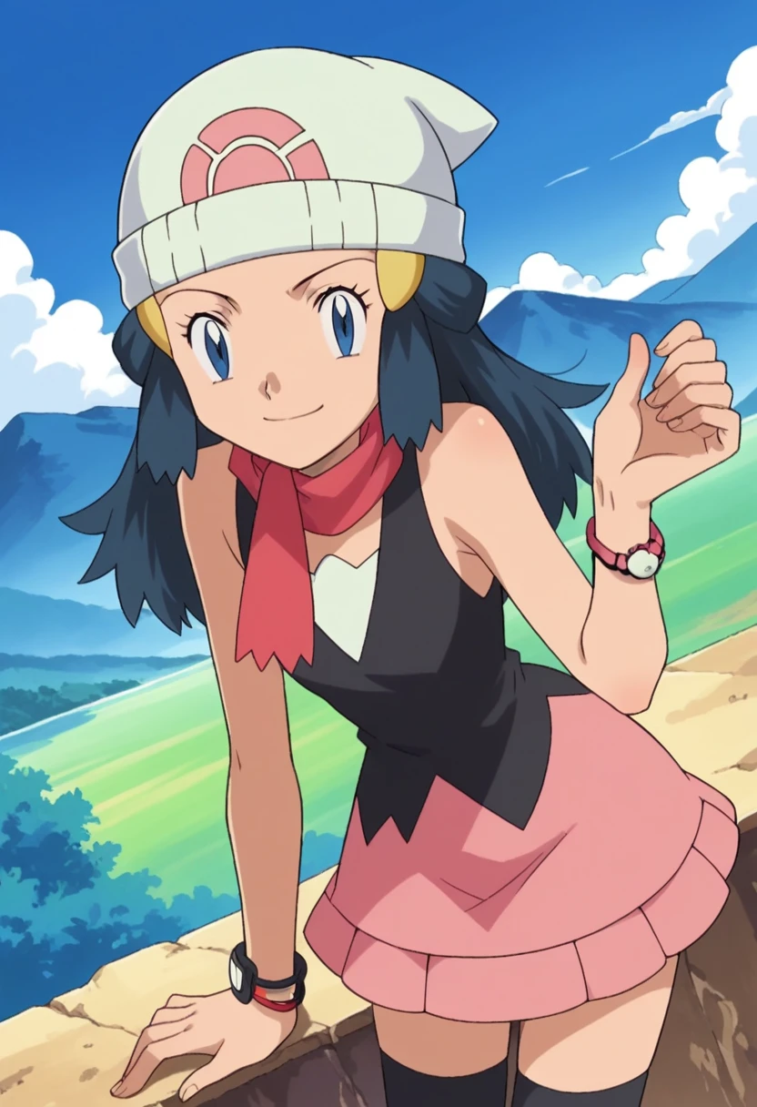 score_9, score_8_up, score_7_up, source_anime, pokemondawn, pokemon dawn, black hair, blue eyes, sidelocks, long hair,, bare shoulders, beanie, black shirt, black socks, bracelet, hat, jewelry, kneehighs, miniskirt, pink skirt, red scarf, scarf, shirt, skirt, sleeveless, sleeveless shirt, white headwear,, landscape, bent over, smile, looking at viewer, solo, cowboy shot, dutch angle