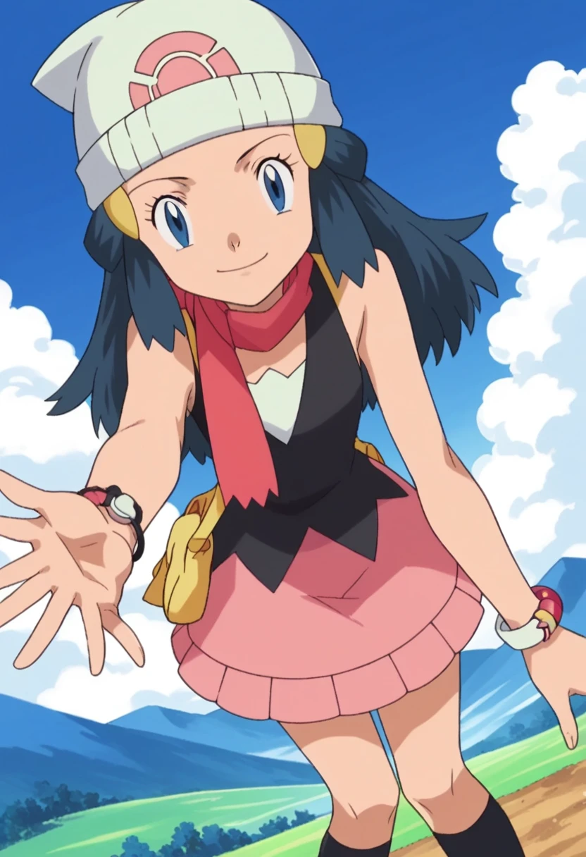 score_9, score_8_up, score_7_up, source_anime, pokemondawn, pokemon dawn, black hair, blue eyes, sidelocks, long hair,, bare shoulders, beanie, black shirt, black socks, bracelet, hat, jewelry, kneehighs, miniskirt, pink skirt, red scarf, scarf, shirt, skirt, sleeveless, sleeveless shirt, white headwear,, landscape, bent over, smile, looking at viewer, solo, cowboy shot, dutch angle