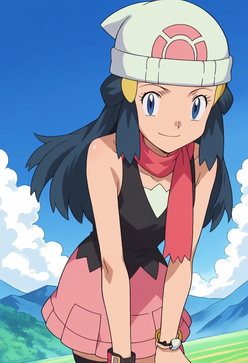 score_9, score_8_up, score_7_up, source_anime, pokemondawn, pokemon dawn, black hair, blue eyes, sidelocks, long hair,, bare shoulders, beanie, black shirt, black socks, bracelet, hat, jewelry, kneehighs, miniskirt, pink skirt, red scarf, scarf, shirt, skirt, sleeveless, sleeveless shirt, white headwear,, landscape, bent over, smile, looking at viewer, solo, cowboy shot, dutch angle